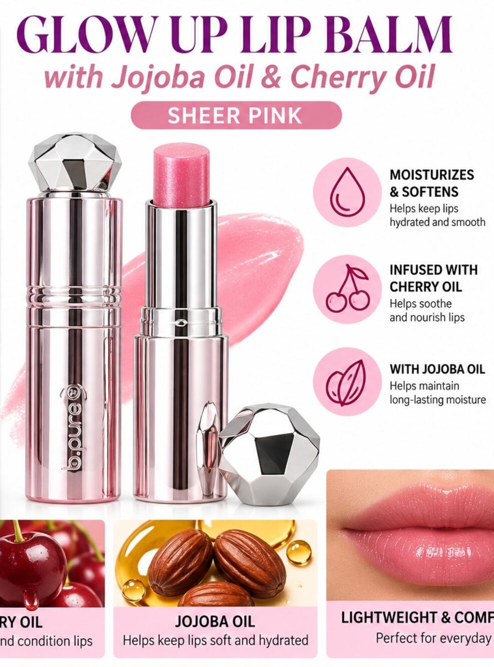 b.pure Glow Up Lip Balm Sheer Pink with Jojoba & Cherry Oil 3.5g